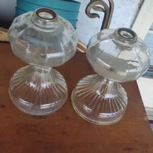 Antique Elegant Clear Glass Hurricane Matching Lamp Pair